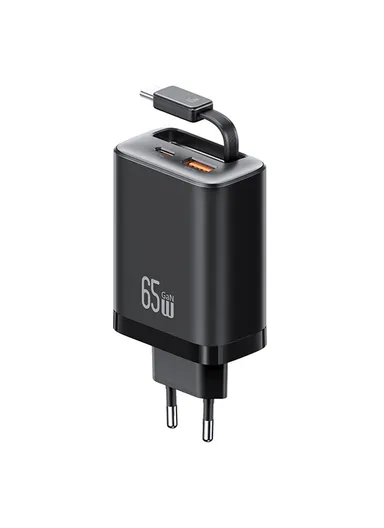 65W Fast Charger Type-C + USB-A Power Adapter with Type-C Retractable Cable CC299 EU Plug - Black