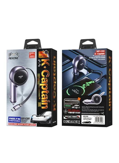 60W Dual USB-C Port Fast Charging Adapter with 0.8m Retractable Cable WP-C50- Purple