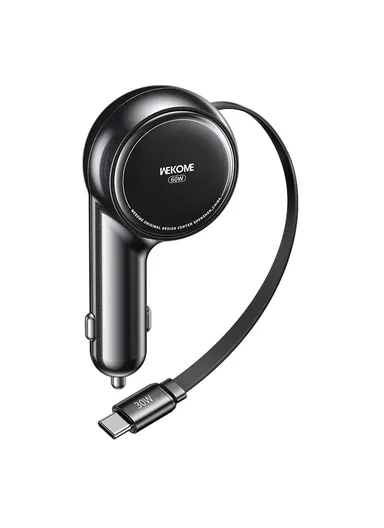 60W Dual USB-C Port Fast Charging Adapter with 0.8m Retractable Cable WP-C50- Black