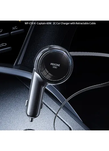 60W Dual USB-C Port Fast Charging Adapter with 0.8m Retractable Cable WP-C50- Black