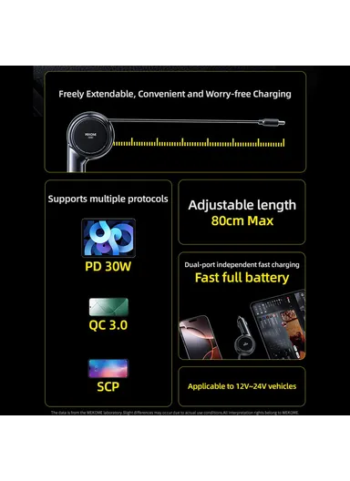 60W Dual USB-C Port Fast Charging Adapter with 0.8m Retractable Cable WP-C50- Black