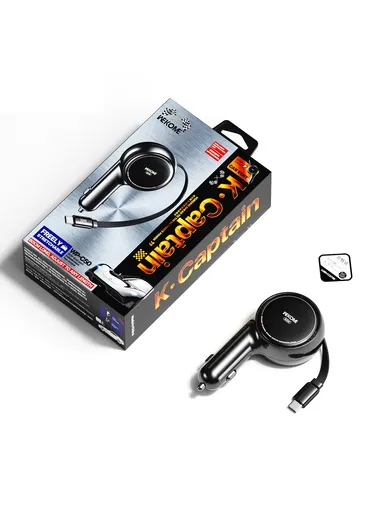 60W Dual USB-C Port Fast Charging Adapter with 0.8m Retractable Cable WP-C50- Black