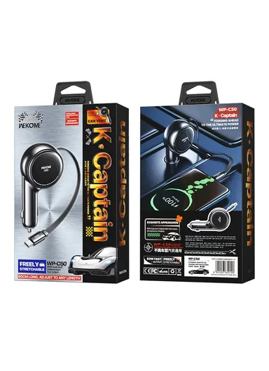 60W Dual USB-C Port Fast Charging Adapter with 0.8m Retractable Cable WP-C50- Black