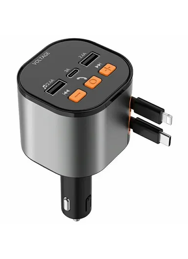 FM Transmitter Car Charger Voltage Display PD Fast Charging Adapter with iP / Type C Retractable Cables PT-21 