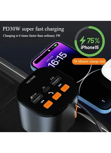 FM Transmitter Car Charger Voltage Display PD Fast Charging Adapter with iP / Type C Retractable Cables PT-21 