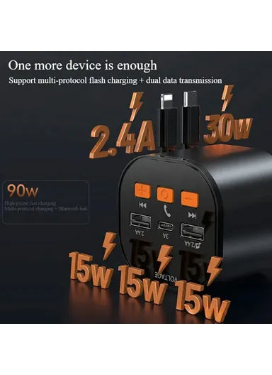 FM Transmitter Car Charger Voltage Display PD Fast Charging Adapter with iP / Type C Retractable Cables PT-21 