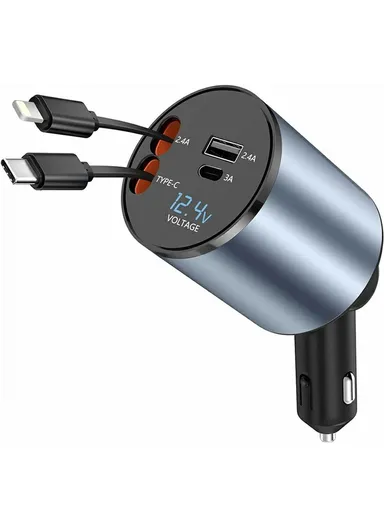 Cigarette Lighter Car Charger 100W Fast Charging Adapter with iP / Type C Retractable Cables PT-19