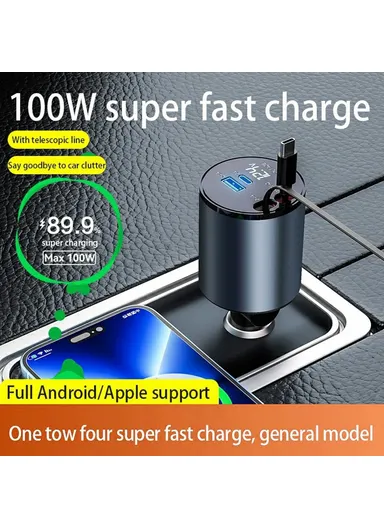 Cigarette Lighter Car Charger 100W Fast Charging Adapter with iP / Type C Retractable Cables PT-19