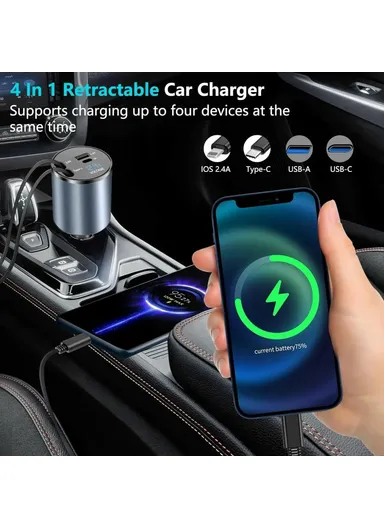 Cigarette Lighter Car Charger 100W Fast Charging Adapter with iP / Type C Retractable Cables PT-19