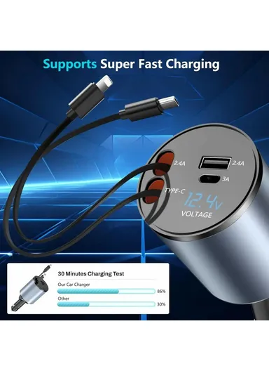 Cigarette Lighter Car Charger 100W Fast Charging Adapter with iP / Type C Retractable Cables PT-19