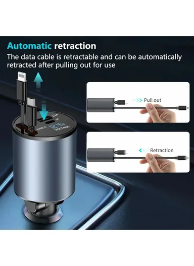 Cigarette Lighter Car Charger 100W Fast Charging Adapter with iP / Type C Retractable Cables PT-19