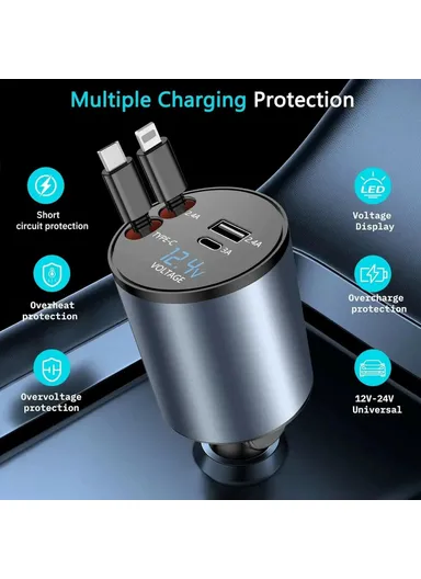 Cigarette Lighter Car Charger 100W Fast Charging Adapter with iP / Type C Retractable Cables PT-19