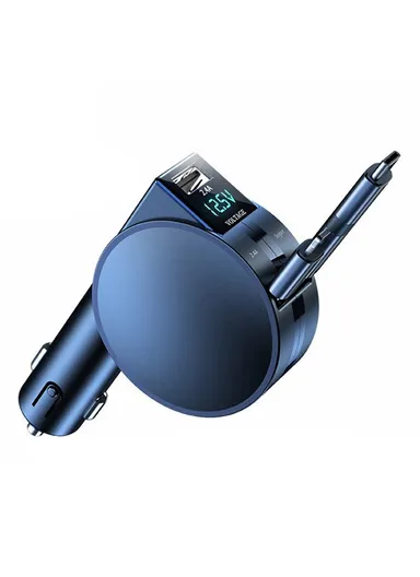 60W High Power LED Display Car Charger Cigarette Lighter Adapter with iP / Type C Retractable Cables - Black PT-8