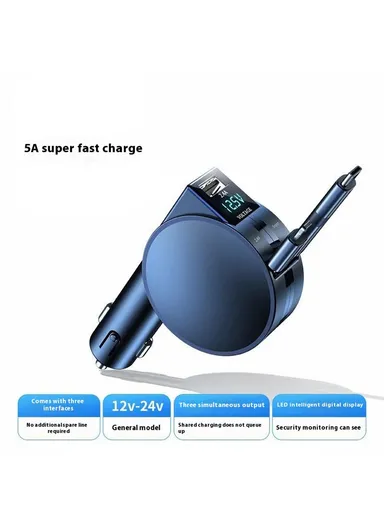60W High Power LED Display Car Charger Cigarette Lighter Adapter with iP / Type C Retractable Cables - Black PT-8