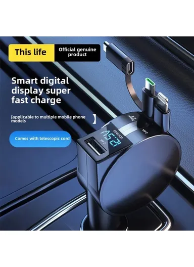 60W High Power LED Display Car Charger Cigarette Lighter Adapter with iP / Type C Retractable Cables - Black PT-8