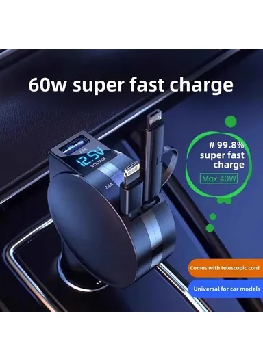 60W High Power LED Display Car Charger Cigarette Lighter Adapter with iP / Type C Retractable Cables - Black PT-8