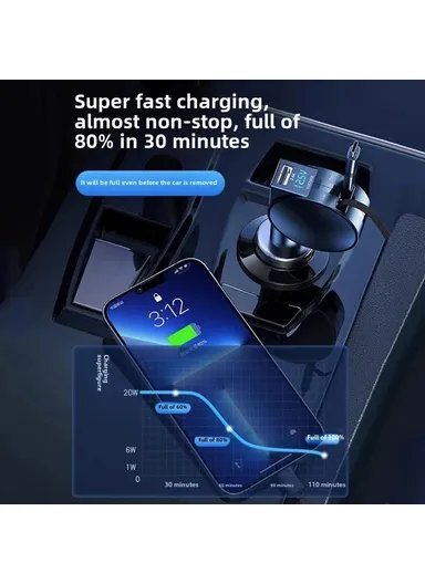 60W High Power LED Display Car Charger Cigarette Lighter Adapter with iP / Type C Retractable Cables - Black PT-8