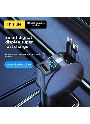 60W High Power LED Display Car Charger Cigarette Lighter Adapter with Dual Type C Retractable Cables PT-8 