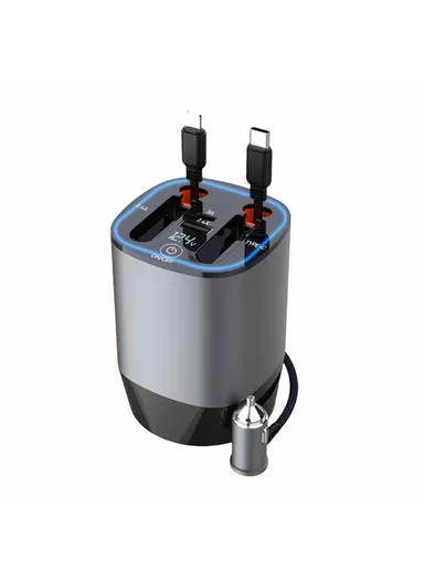 100W Fast Charger Voltage Display Cigarette Lighter Charging Adapter with Retractable iP / Type C Cables PT-17 Car PD