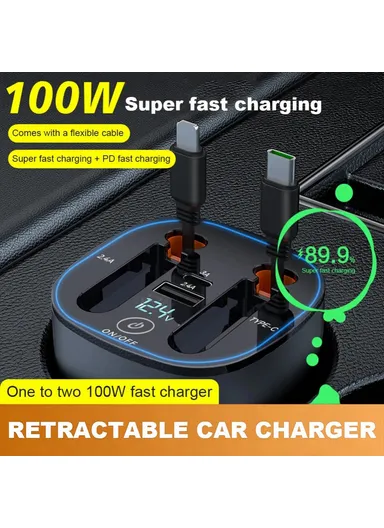 100W Fast Charger Built In Retractable iP / Type C Cables Charging Adapter with Air Freshener Pack PT-17 Car PD