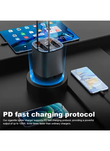 100W Fast Charger Built In Retractable iP / Type C Cables Charging Adapter with Air Freshener Pack PT-17 Car PD