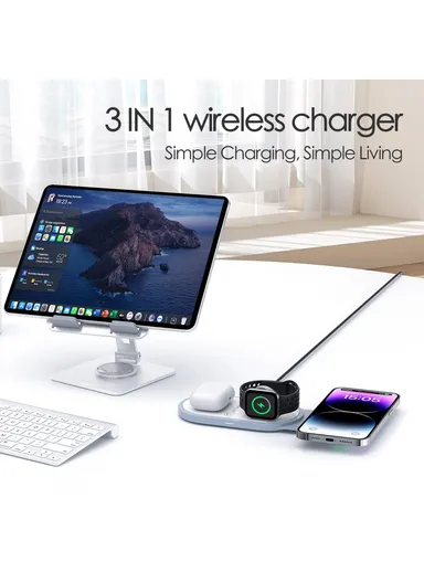 3-In-1 15W Magnetic Wireless Charger for Cellphone, Earphone &amp; Apple Watch Portable Foldable Charging Pad I8 - White