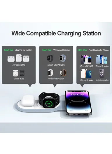 3-In-1 15W Magnetic Wireless Charger for Cellphone, Earphone &amp; Apple Watch Portable Foldable Charging Pad I8 - White