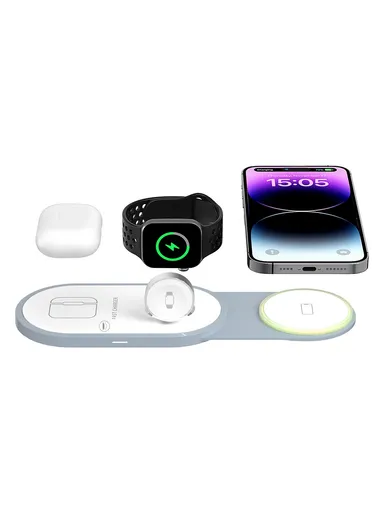 3-In-1 15W Magnetic Wireless Charger for Cellphone, Earphone &amp; Apple Watch Portable Foldable Charging Pad I8 - White
