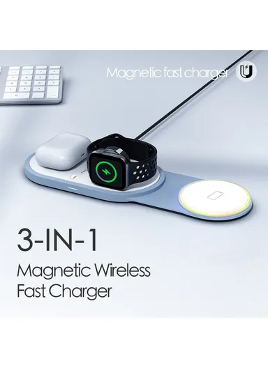 3-In-1 15W Magnetic Wireless Charger for Cellphone, Earphone &amp; Apple Watch Portable Foldable Charging Pad I8 - White