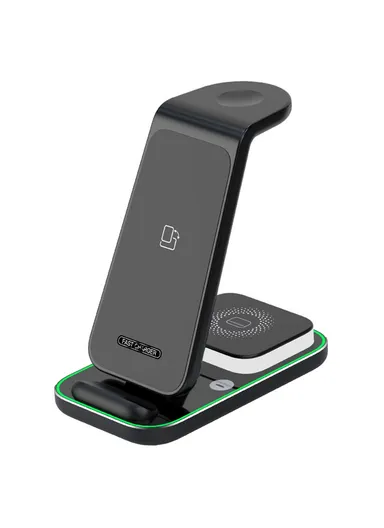 3-In-1 15W Dual Coil Wireless Charger with Night Light for iPhone, Apple Watch, AirPods Charging Stand YF-A6 - Black