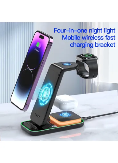 3-In-1 15W Dual Coil Wireless Charger with Night Light for iPhone, Apple Watch, AirPods Charging Stand YF-A6 - Black