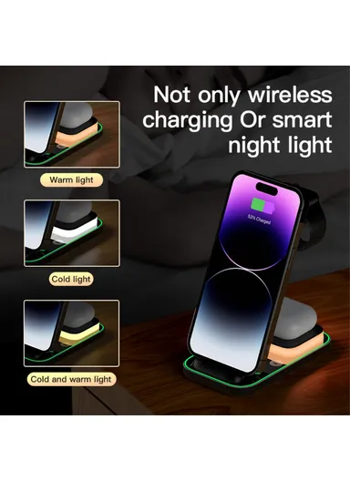 3-In-1 15W Dual Coil Wireless Charger with Night Light for iPhone, Apple Watch, AirPods Charging Stand YF-A6 - Black