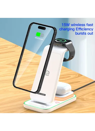 3-In-1 15W Dual Coil Wireless Charger with Night Light for iPhone, Apple Watch, AirPods Charging Stand YF-A6 - Black