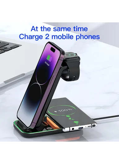 3-In-1 15W Dual Coil Wireless Charger with Night Light for iPhone, Apple Watch, AirPods Charging Stand YF-A6 - Black