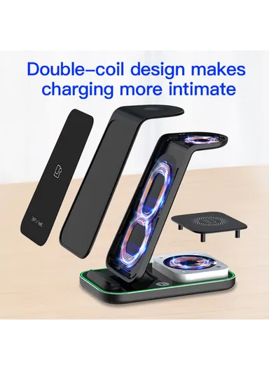 3-In-1 15W Dual Coil Wireless Charger with Night Light for iPhone, Apple Watch, AirPods Charging Stand YF-A6 - Black