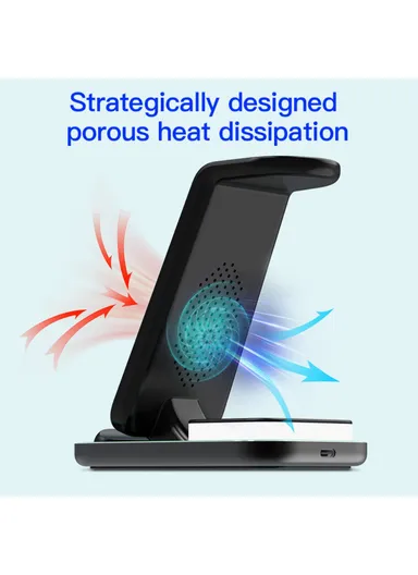 3-In-1 15W Dual Coil Wireless Charger with Night Light for iPhone, Apple Watch, AirPods Charging Stand YF-A6 - Black