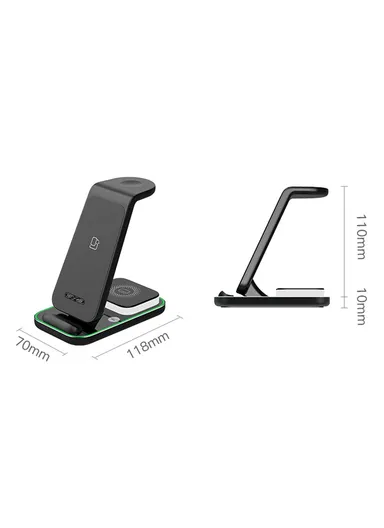 3-In-1 15W Dual Coil Wireless Charger with Night Light for iPhone, Apple Watch, AirPods Charging Stand YF-A6 - Black
