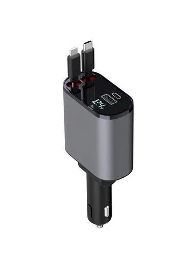 Car Charger LED Display Cigarette Lighter Adapter with iP / Type C Retractable Cable PT-16 