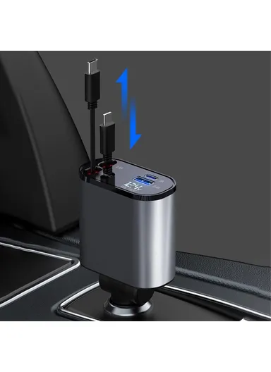 Car Charger LED Display Cigarette Lighter Adapter with iP / Type C Retractable Cable PT-16 