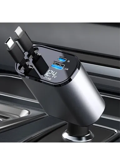 Car Charger LED Display Cigarette Lighter Adapter with iP / Type C Retractable Cable PT-16 