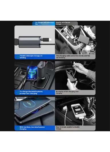 Car Charger LED Display Cigarette Lighter Adapter with iP / Type C Retractable Cable PT-16 