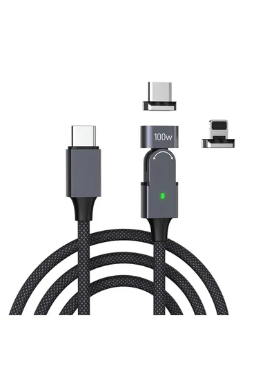 1m PD 100W Fast Charging Cable 480Mbps 180 Degree Rotating Magnetic Data Cable with Type-C / iP Adapters