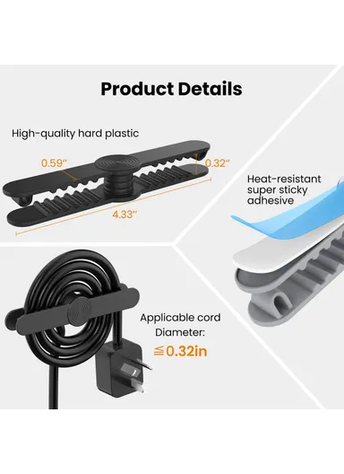 3Pcs Cord Organizer for Appliances Self Adhesive Kitchen Appliance Cable Winder DD-06 - Grey