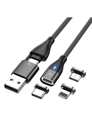 2M Fast Charging Magnetic Cable 6 in 1 Data Cord For Laptops / Smartphones with Type-C / Micro USB / 8-Pin Connectors - Black PD60W 
