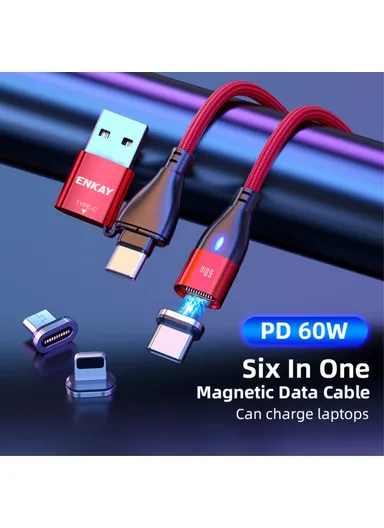 6-in-1 1m Magnetic Charging Cable PD 60W Type-C / USB-A to IP / Type-C / Micro USB Data Cord - Black