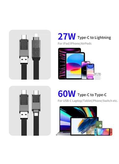 4-in-1 0.15m 60W Charging Data Cable Nylon Braided USB / Type-C / Lightning Magnetic Fast Charging Cord