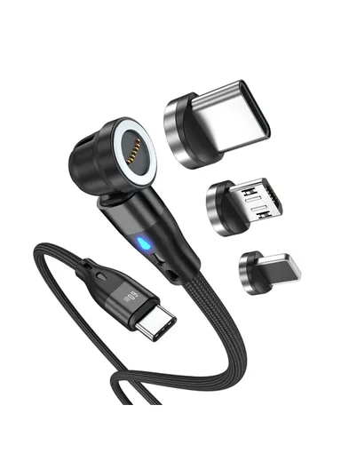 2m PD 60W Magnetic Phone Charging Cable 3-in-1 Type-C to 8-Pin / Type-C / Micro USB Data Sync Cord with LED Light - Black