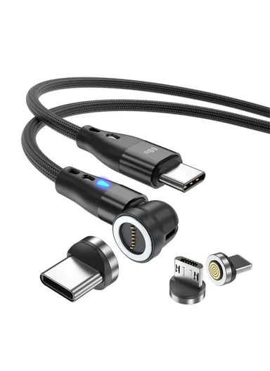 2m PD 60W Magnetic Phone Charging Cable 3-in-1 Type-C to 8-Pin / Type-C / Micro USB Data Sync Cord with LED Light - Black