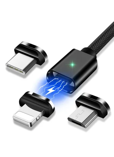 1m Lightning/Type C/Micro 3 in 1 3A Fast Charging Cord Magnetic Data Cable - Black