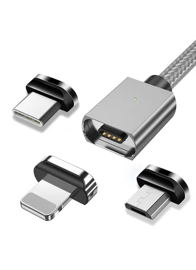1m Lightning/Type C/Micro 3 in 1 3A Fast Charging Cord Magnetic Data Cable - Silver